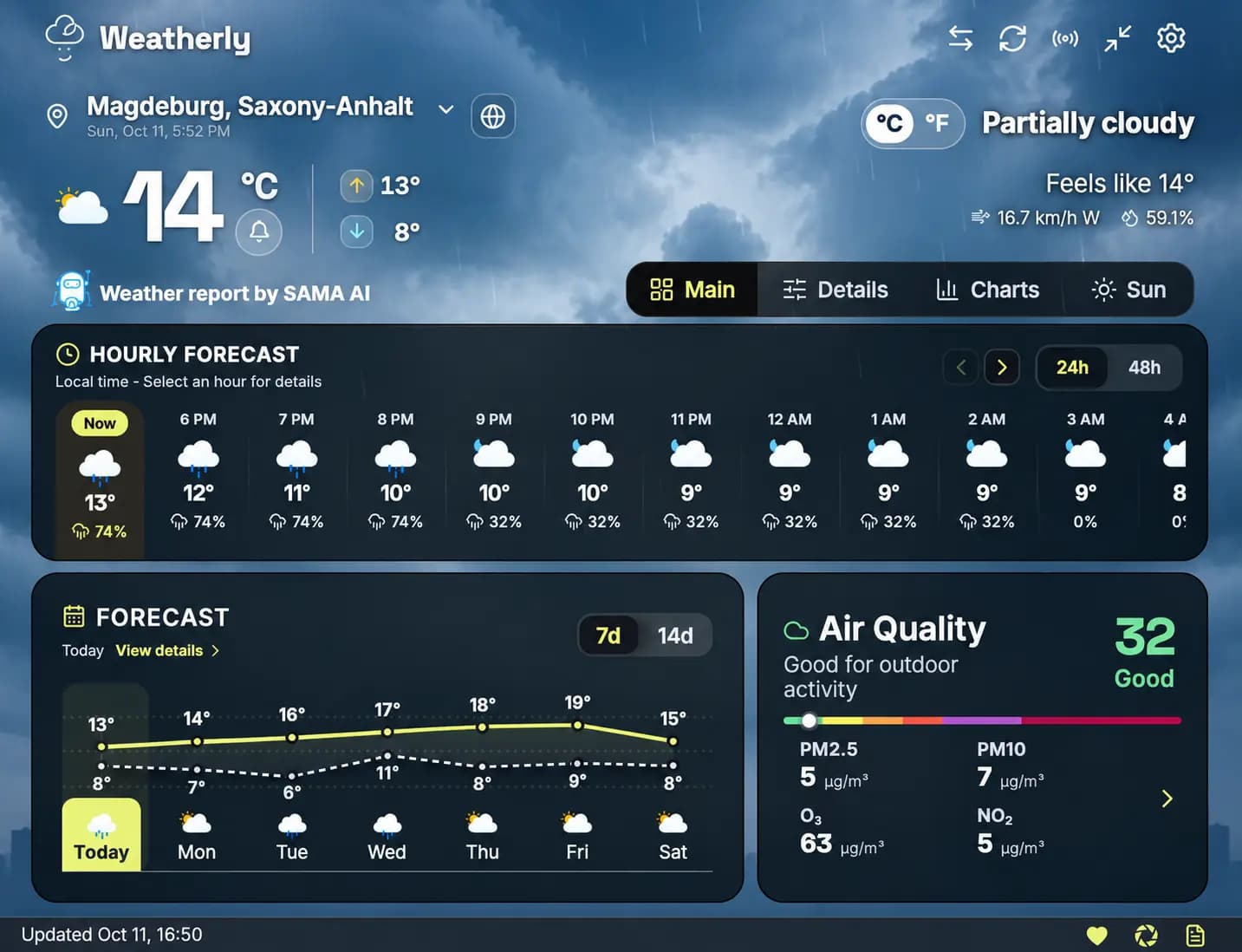 Weatherly Advanced showing SAMA AI, hourly forecasts, the seven-day outlook and air quality